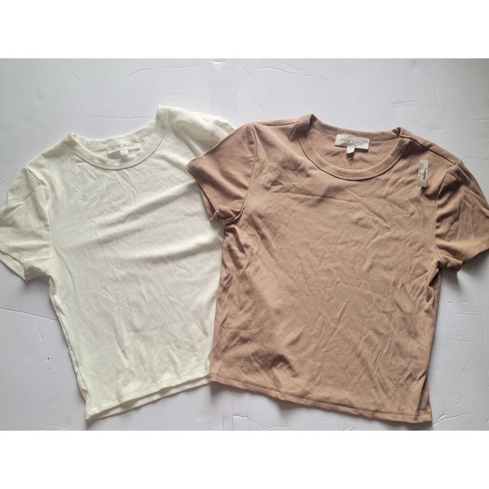 Pink Rose SZ L Women’s Ribbed Short Sleeve Tops (2‑Pack)  Neutral Colors